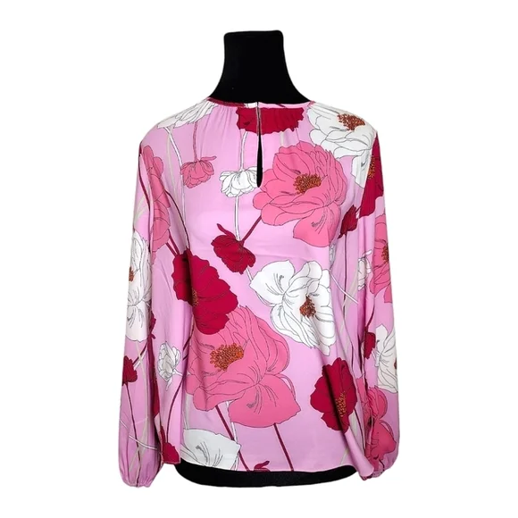 Philosophy Long Sleeved Keyhole Pleated Neckline Pink Floral Iris Print … - Picture 4 of 13